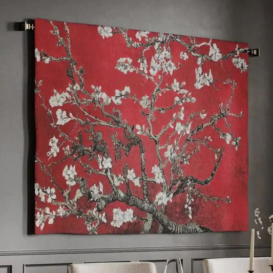 Van Gogh "Almond Blossom" Crimson — Bold Horizontal Woven Tapestry