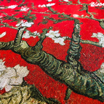 Van Gogh "Almond Blossom" Crimson — Bold Horizontal Woven Tapestry
