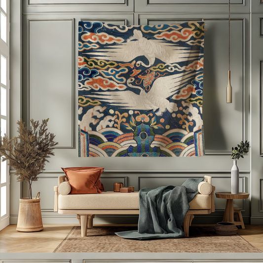 "Azure Cranes" — Vintage Korean Inspired Jacquard Woven Tapestry