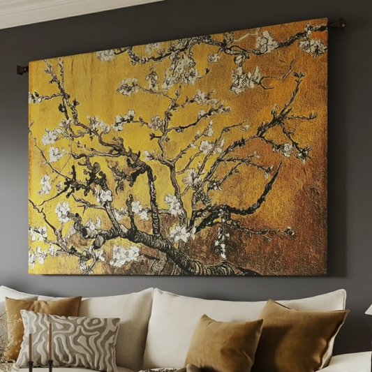 "Almond Blossom" Golden — Radiant Horizontal Woven Tapestry