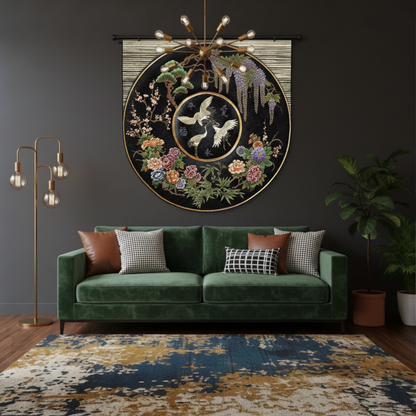"Midnight Cloisonné" — Ornate Asian-Inspired Roundel Woven Tapestry