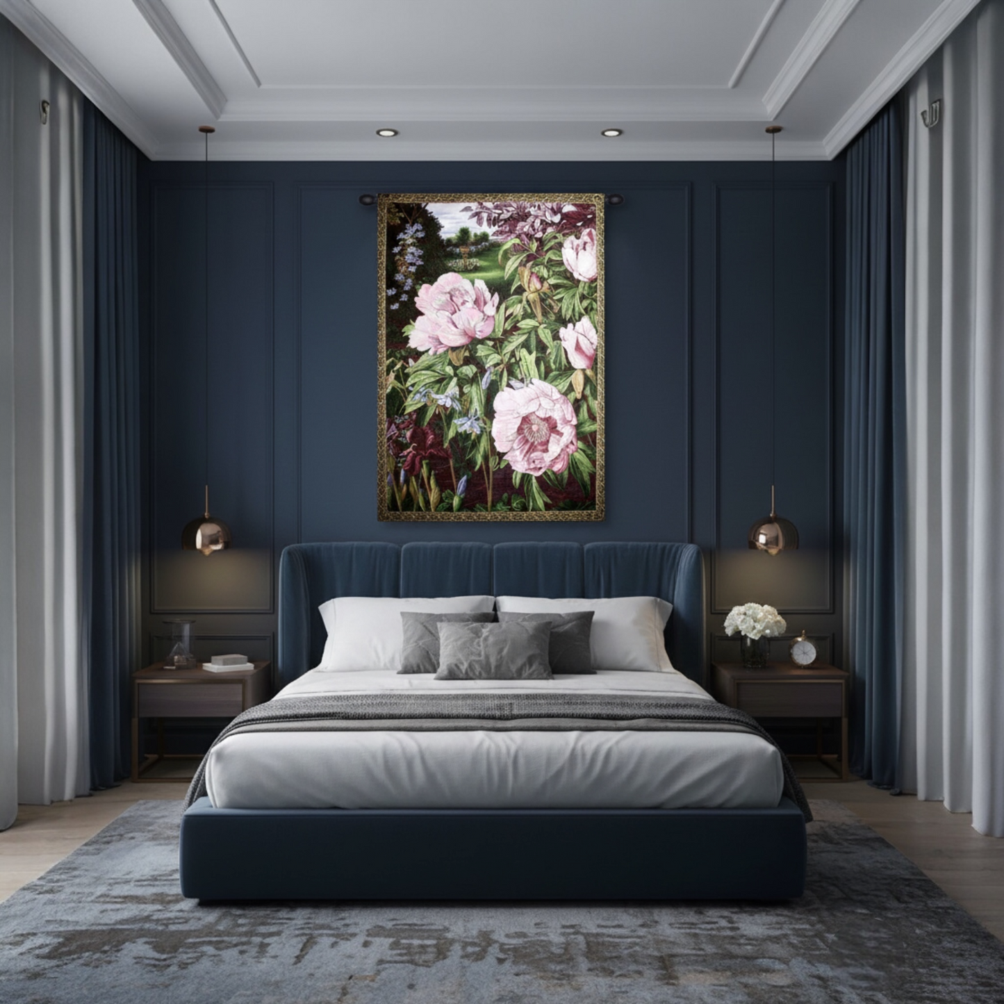 "Pink Peonies" — Elegant Italian Jacquard Woven Floral Tapestry