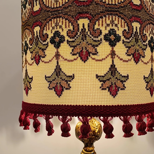 "Belle Époque" — Rare Antique Gilded Spelter Lamp with Figural Tapestry Shade