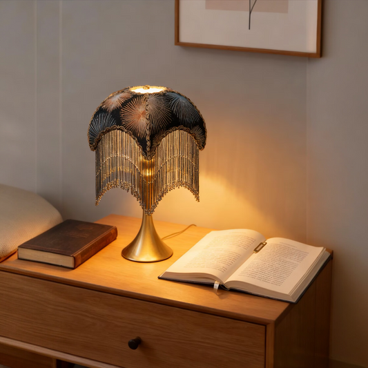 "Firework Bliss" — Hand-Embroidered Linen Lamp Shade in Mid-Century Style